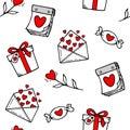 Valentine`s day. Cute hand drawn seamless pattern with love doodles elements: hearts, candies, flowers, calendar, gift boxes etc. Royalty Free Stock Photo